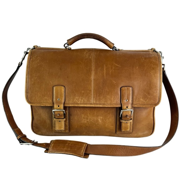 COACH Thompson Tan Leather Briefcase Messenger Bag Distressed - Picture 1 of 16